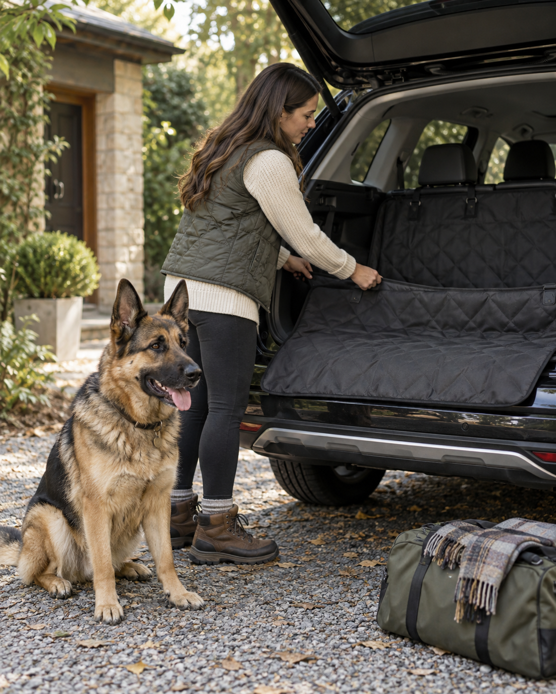 German Shepherd near a car boot liner