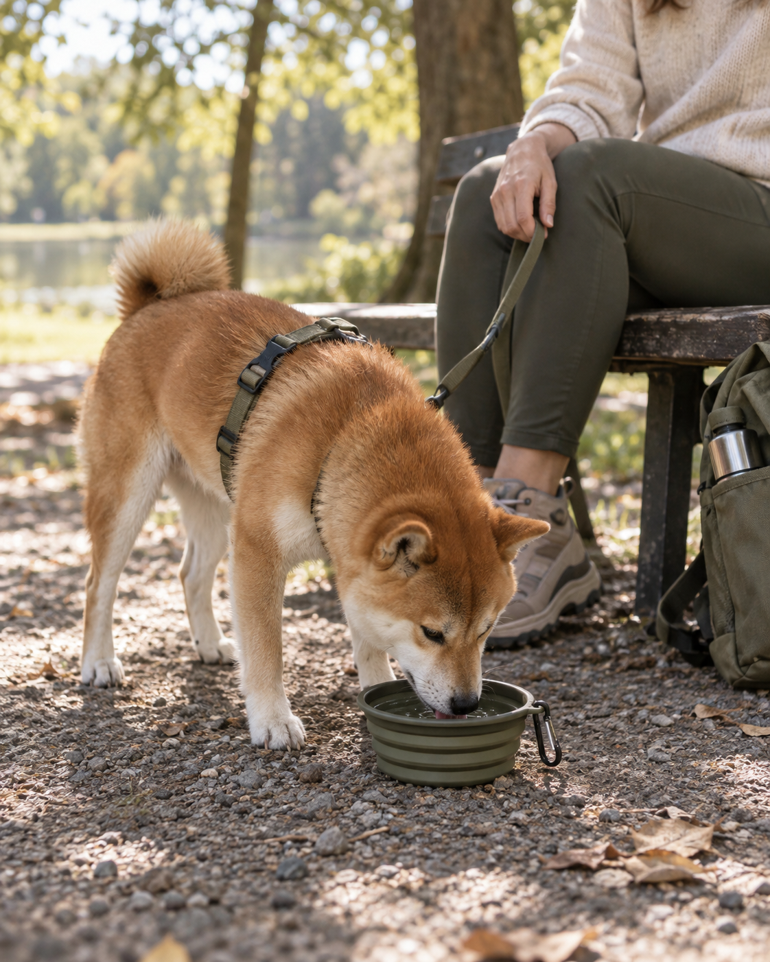 Shiba Inu drinking from a collapsible travel bowl