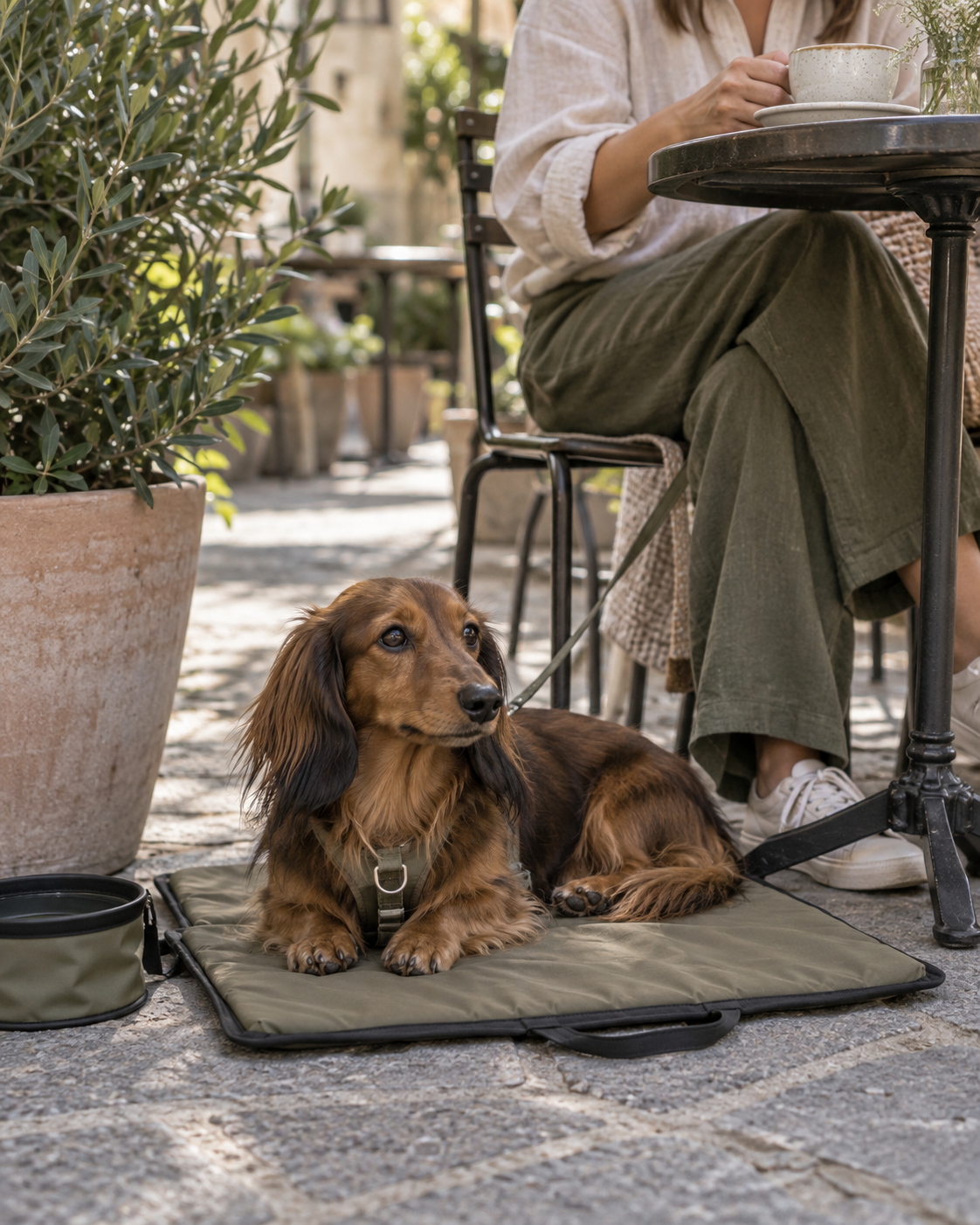 Long-haired dachshund on a foldable travel mat