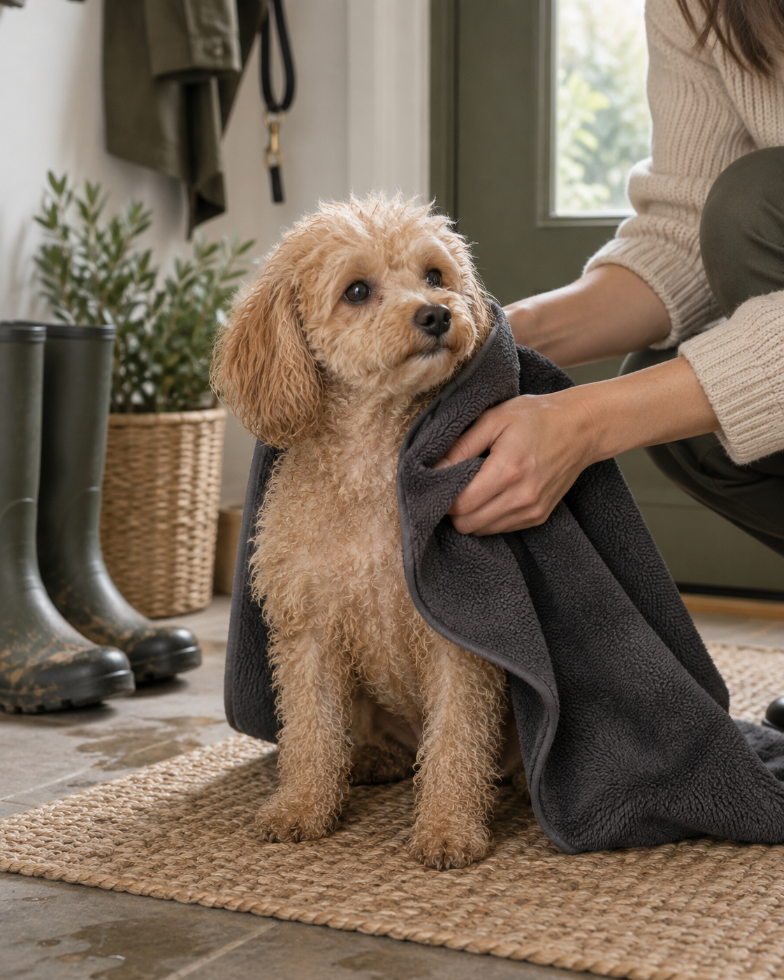 Apricot poodle with a microfibre drying towel
