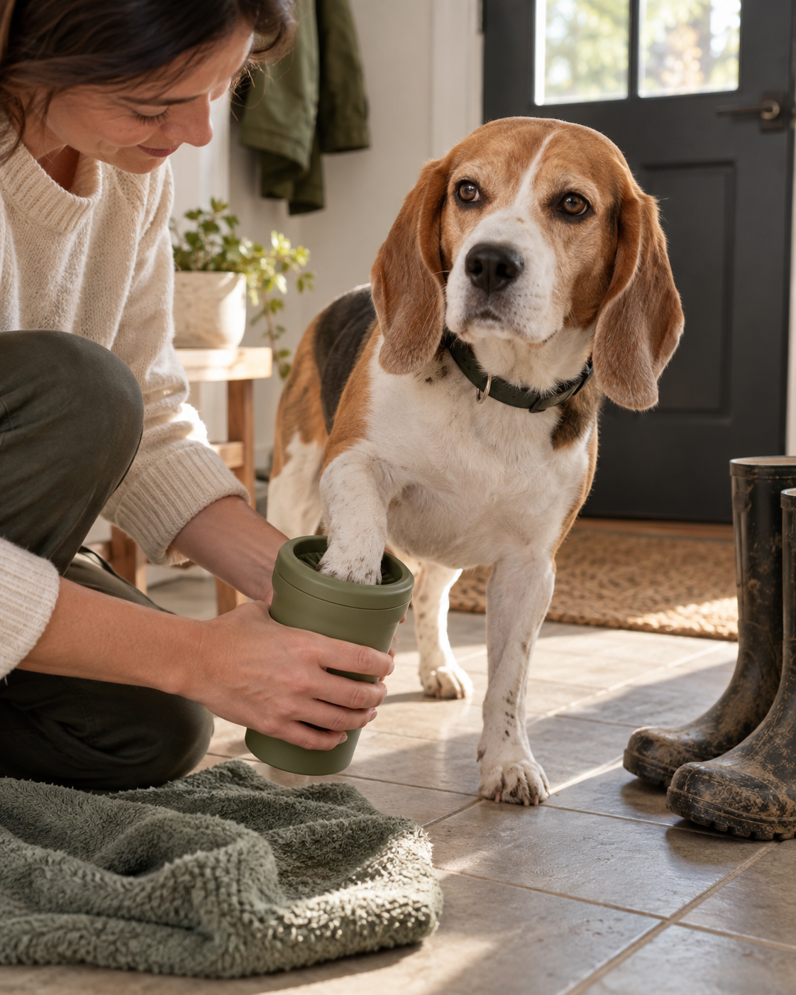 Beagle beside a paw cleaning cup
