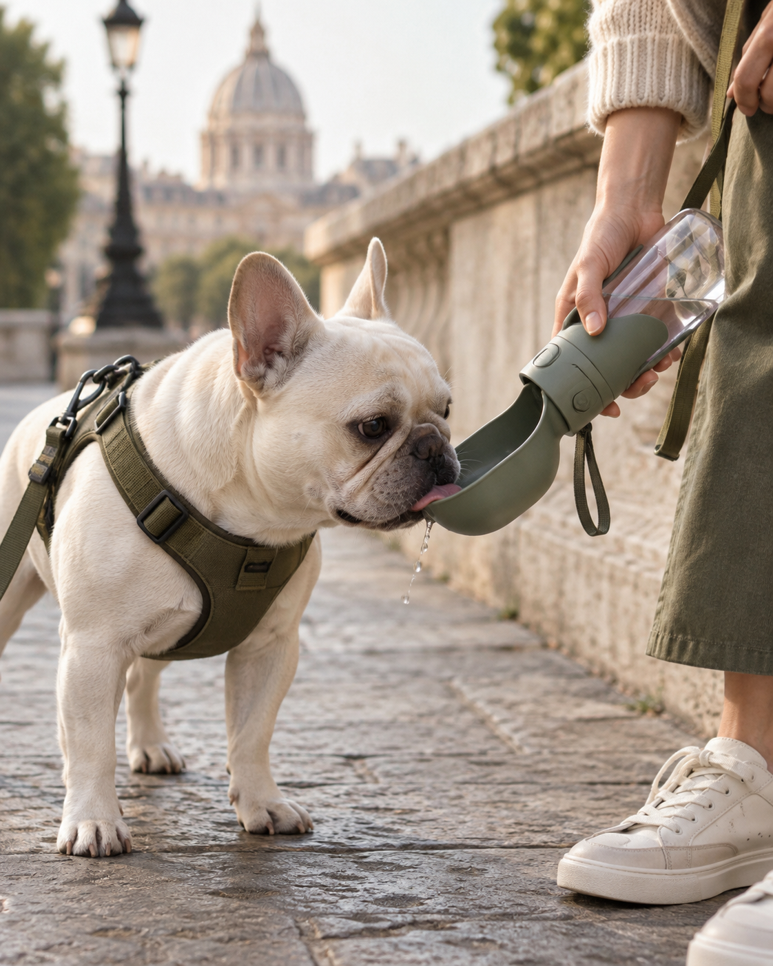 French bulldog with a portable water bottle