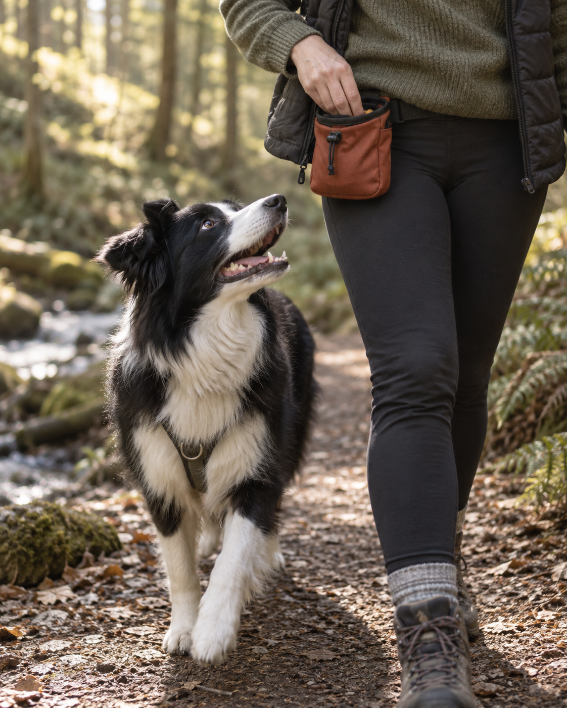 Border collie beside a treat pouch
